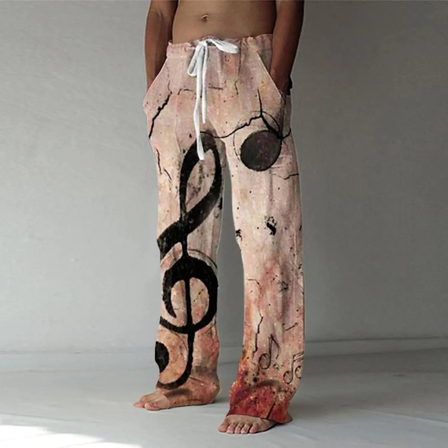 Mens Linen Pants Casual Print Summer Beach Pants Elastic Wasist Drawstring Pants with Pockets Straight Fit Trousers