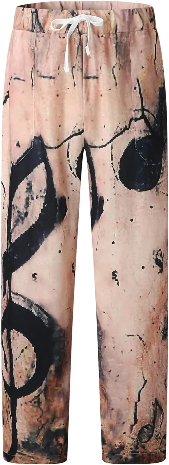 Mens Linen Pants Casual Print Summer Beach Pants Elastic Wasist Drawstring Pants with Pockets Straight Fit Trousers
