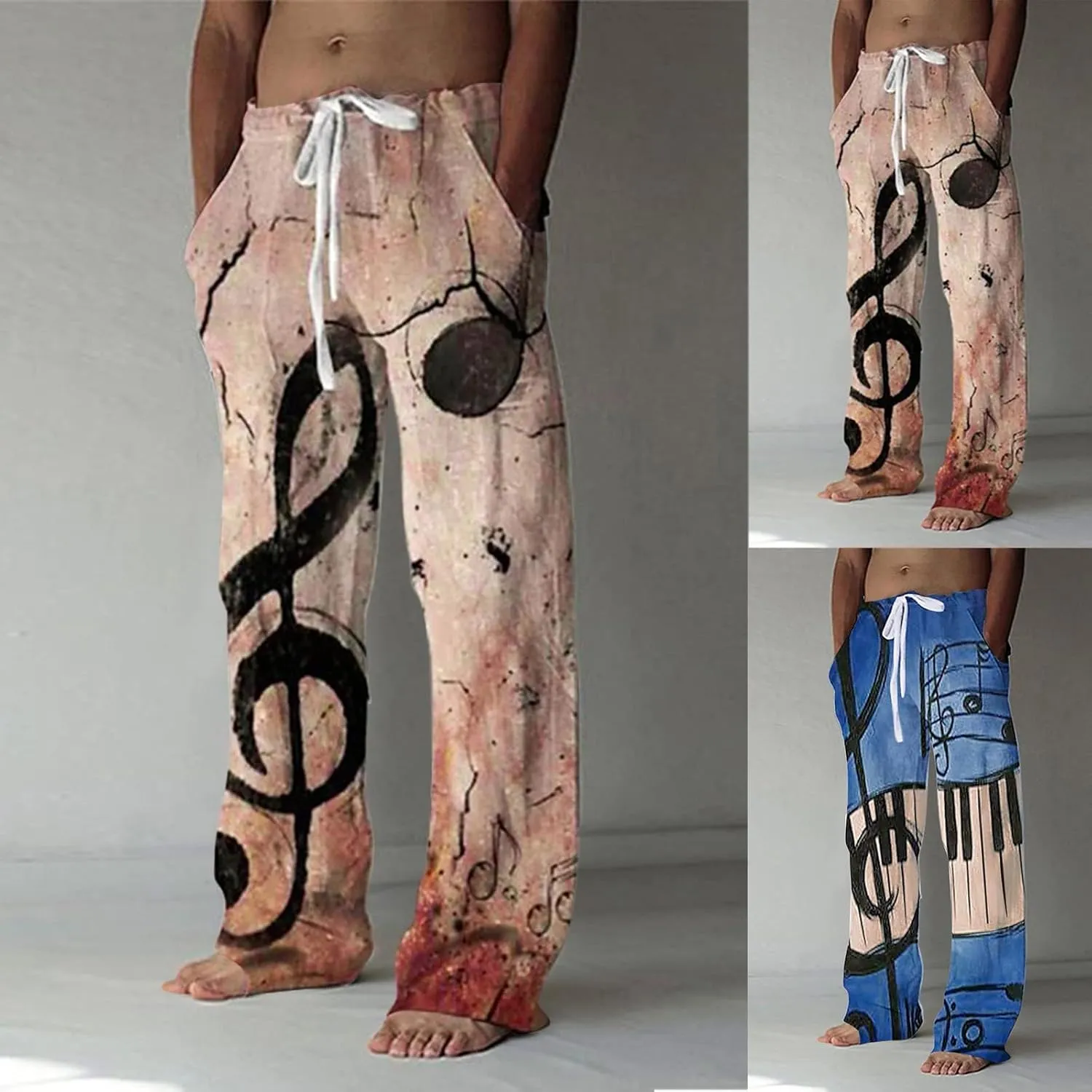 Mens Linen Pants Casual Print Summer Beach Pants Elastic Wasist Drawstring Pants with Pockets Straight Fit Trousers