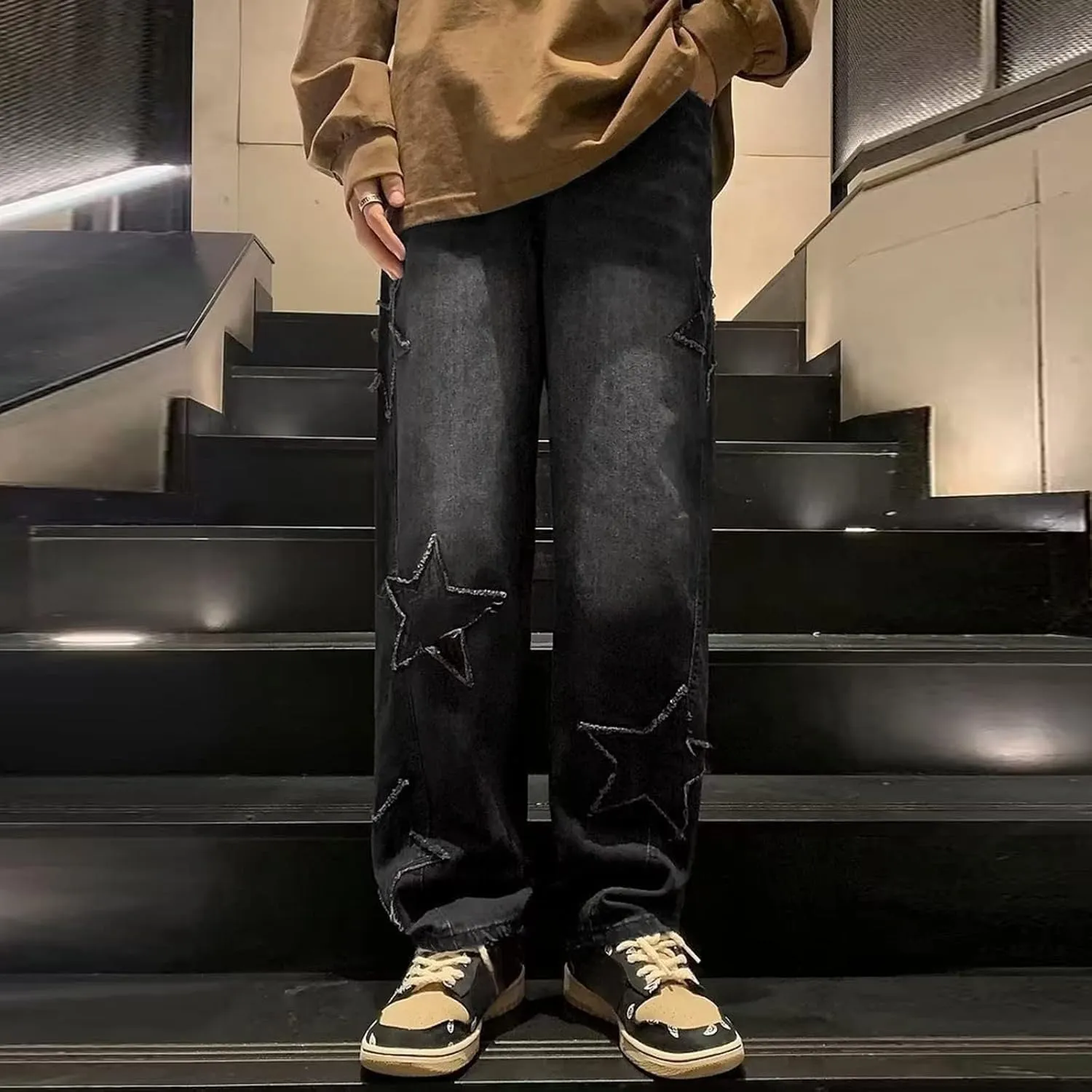 Mens Loose Fit Jeans Y2k Hip Hop Straight Leg Jean Baggy Streetwear Wide Leg Denim Pants Casual Low Rise Trousers