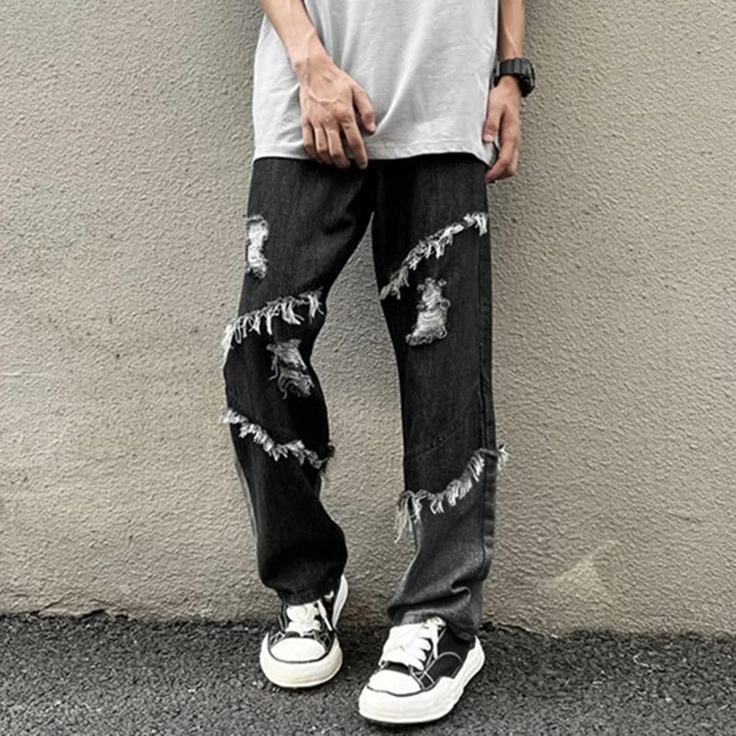 Mens Loose Fit Jeans Y2k Hip Hop Straight Leg Jean Baggy Streetwear Wide Leg Denim Pants Casual Low Rise Trousers