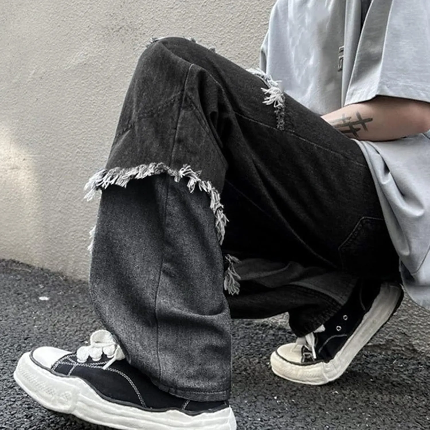 Mens Loose Fit Jeans Y2k Hip Hop Straight Leg Jean Baggy Streetwear Wide Leg Denim Pants Casual Low Rise Trousers