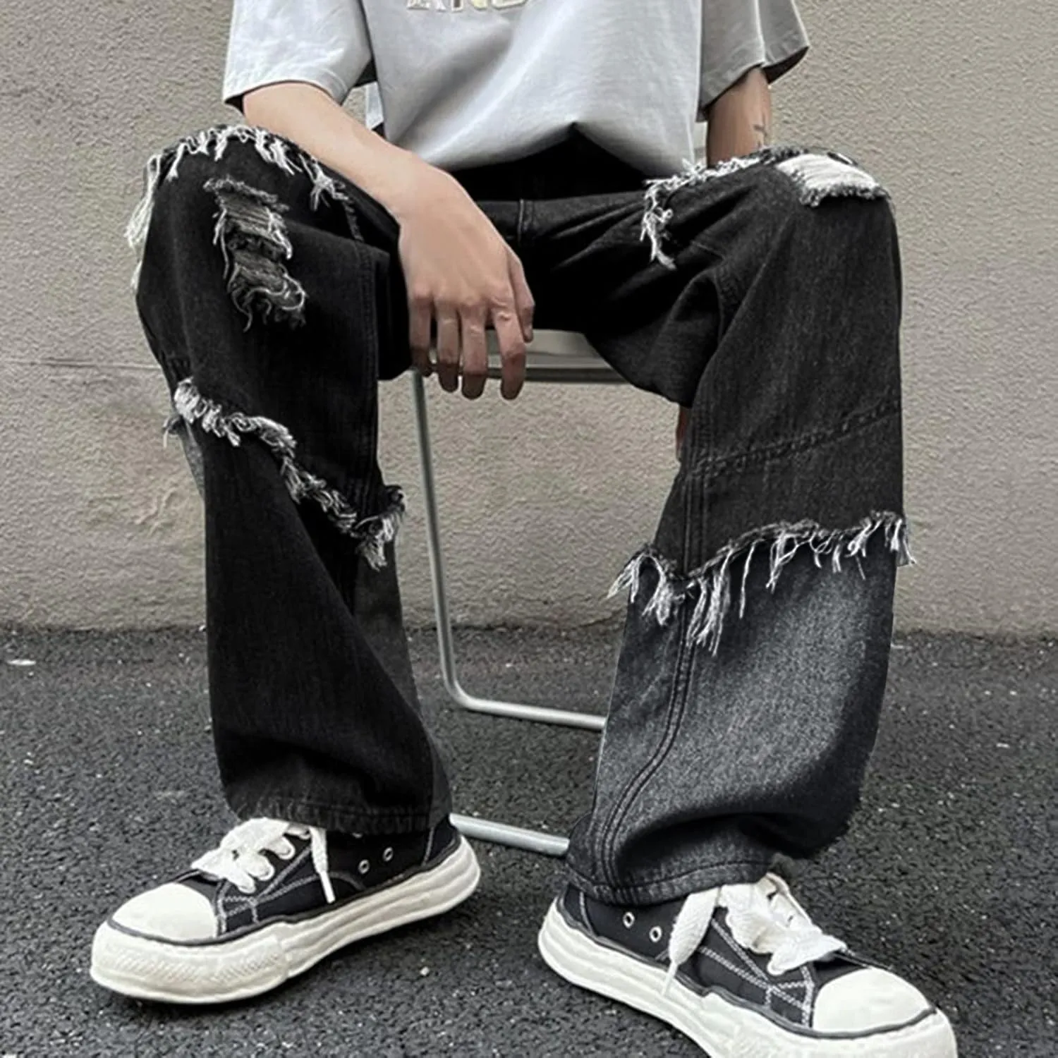 Mens Loose Fit Jeans Y2k Hip Hop Straight Leg Jean Baggy Streetwear Wide Leg Denim Pants Casual Low Rise Trousers
