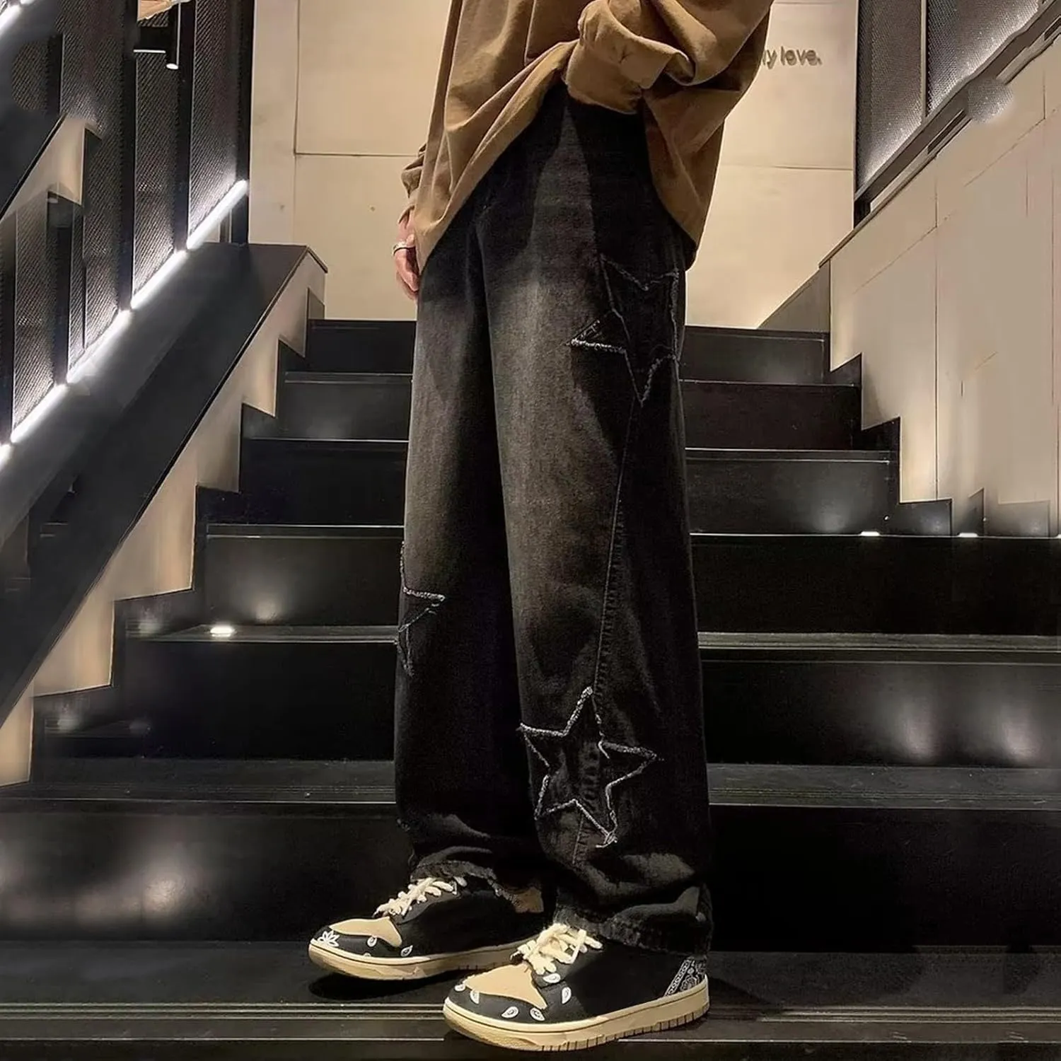 Mens Loose Fit Jeans Y2k Hip Hop Straight Leg Jean Baggy Streetwear Wide Leg Denim Pants Casual Low Rise Trousers