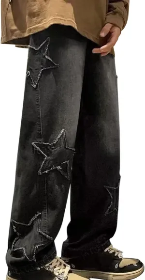 Mens Loose Fit Jeans Y2k Hip Hop Straight Leg Jean Baggy Streetwear Wide Leg Denim Pants Casual Low Rise Trousers