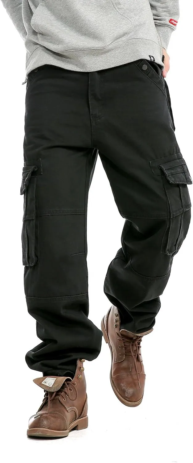 Men`s Loose Fit Motorcycle Multi-Pockets Workwear Denim Cargo Jeans Plus Size