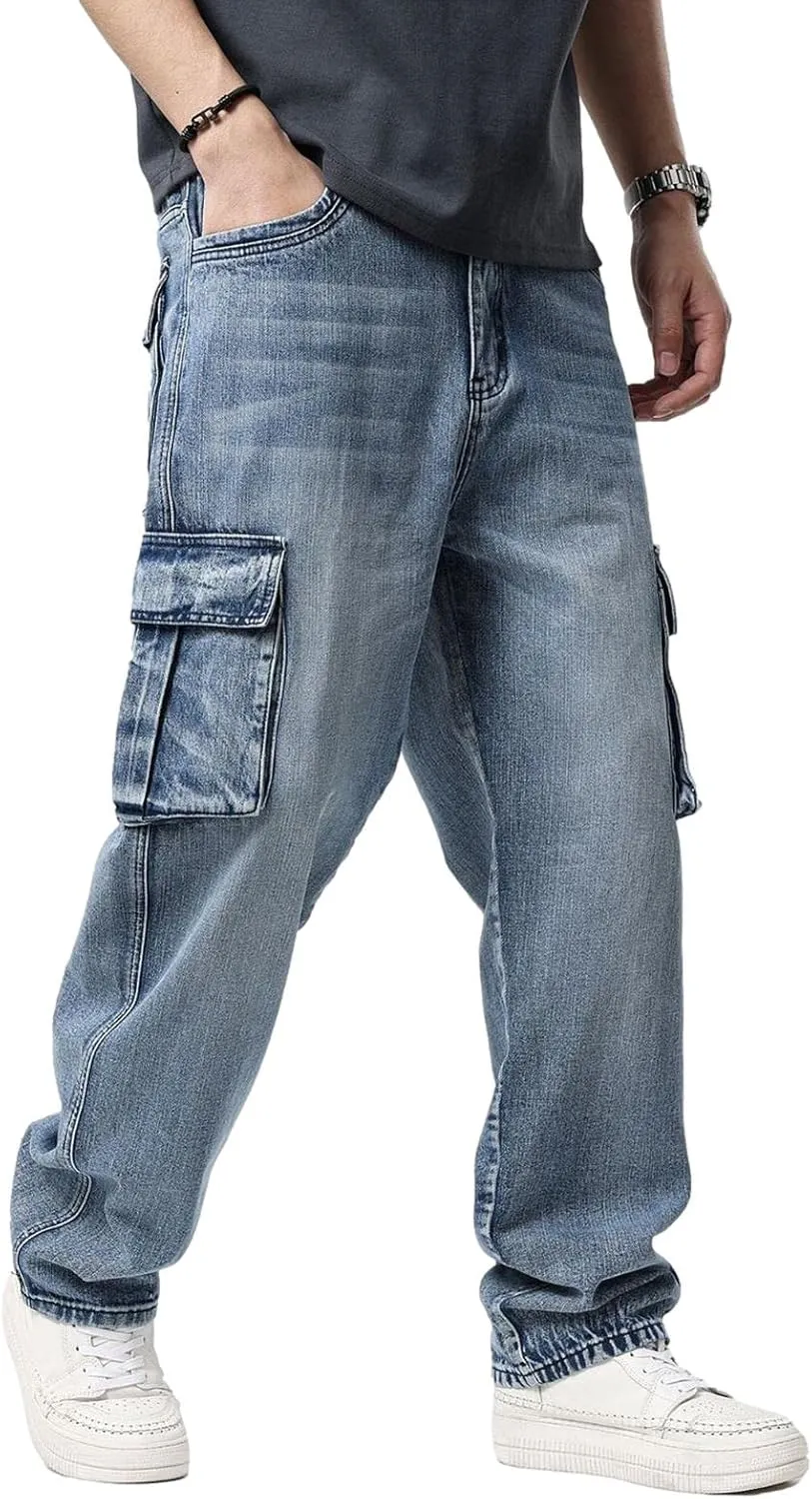 Men`s Loose Fit Motorcycle Multi-Pockets Workwear Denim Cargo Jeans Plus Size