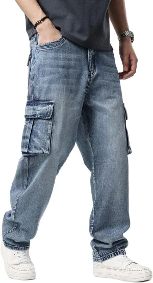 Men`s Loose Fit Motorcycle Multi-Pockets Workwear Denim Cargo Jeans Plus Size