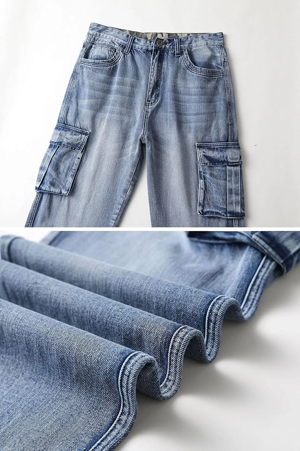 Men`s Loose Fit Motorcycle Multi-Pockets Workwear Denim Cargo Jeans Plus Size