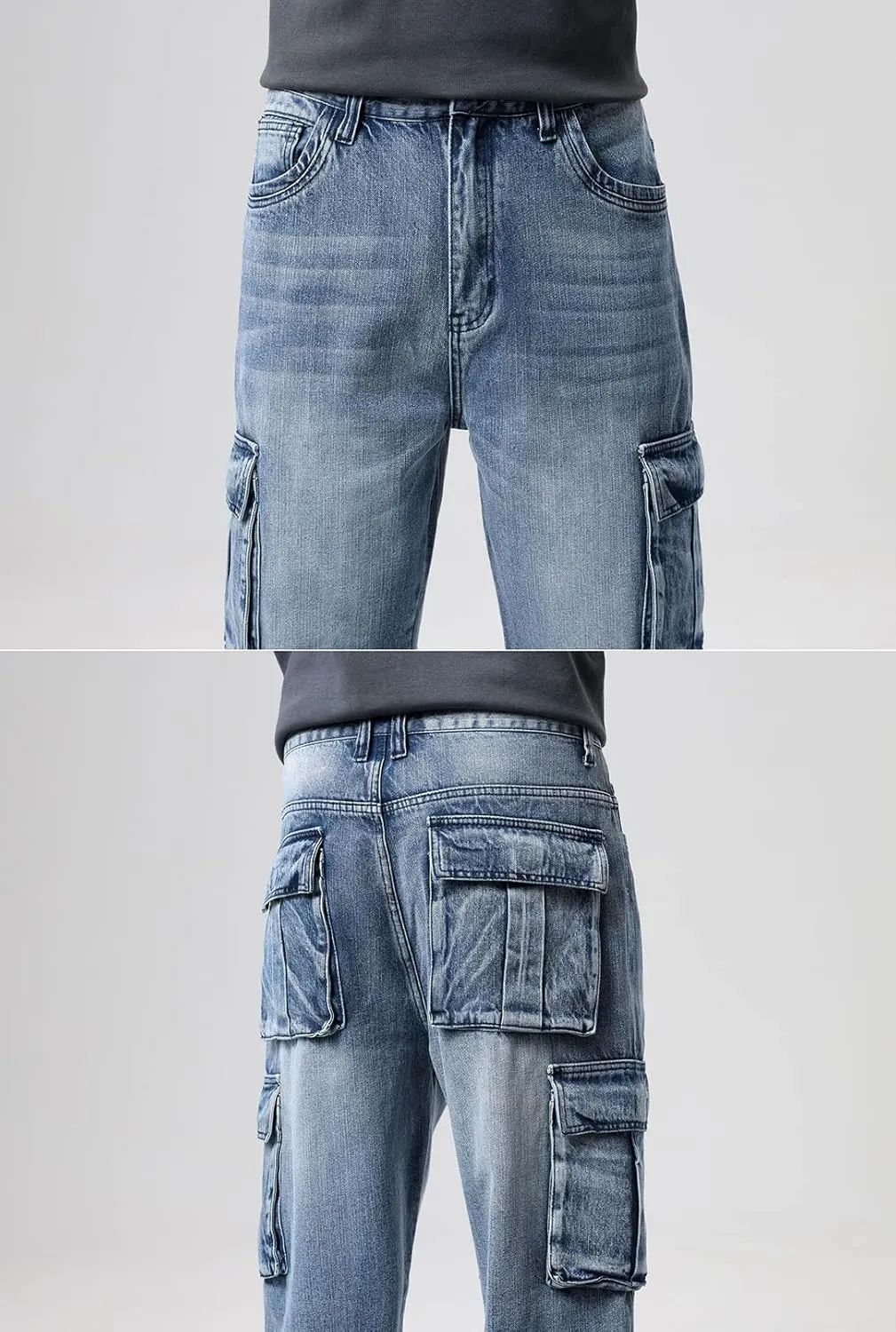 Men`s Loose Fit Motorcycle Multi-Pockets Workwear Denim Cargo Jeans Plus Size