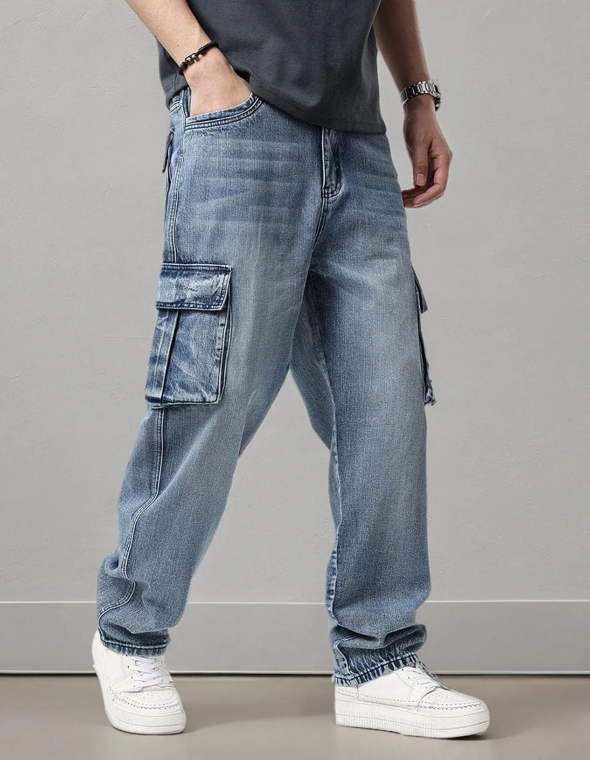 Men`s Loose Fit Motorcycle Multi-Pockets Workwear Denim Cargo Jeans Plus Size