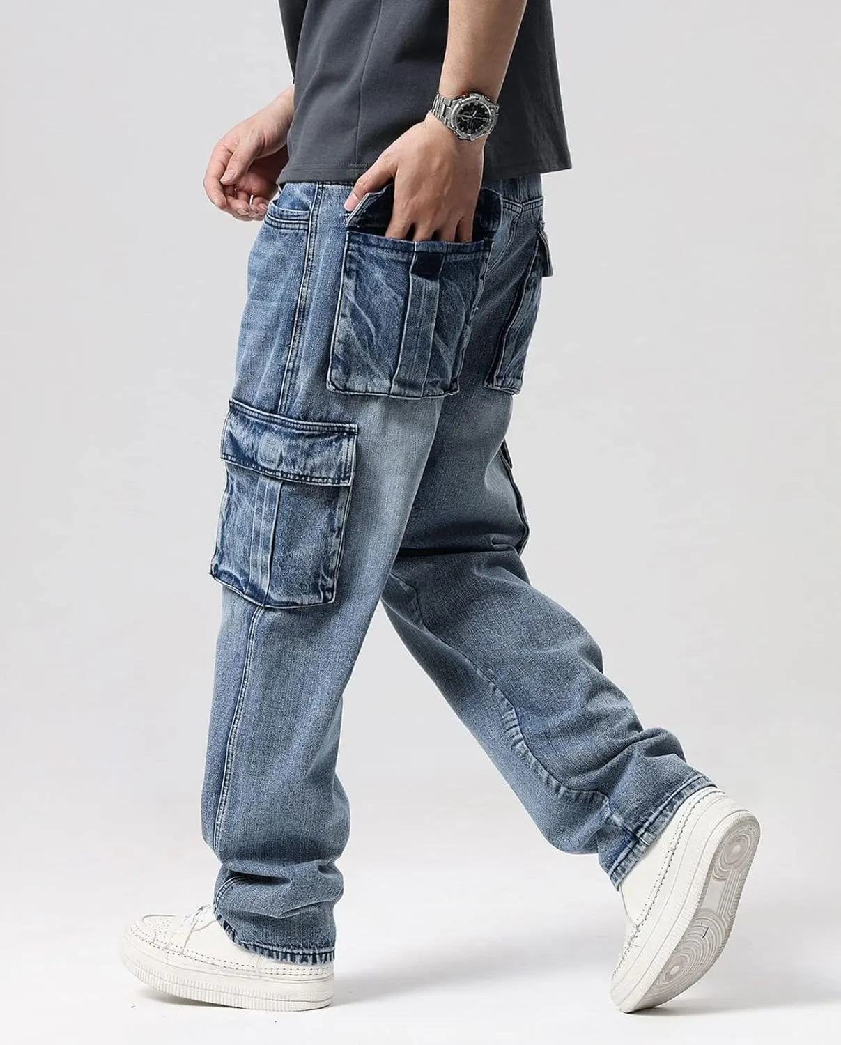 Men`s Loose Fit Motorcycle Multi-Pockets Workwear Denim Cargo Jeans Plus Size