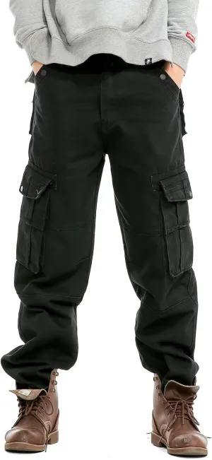 Men`s Loose Fit Motorcycle Multi-Pockets Workwear Denim Cargo Jeans Plus Size