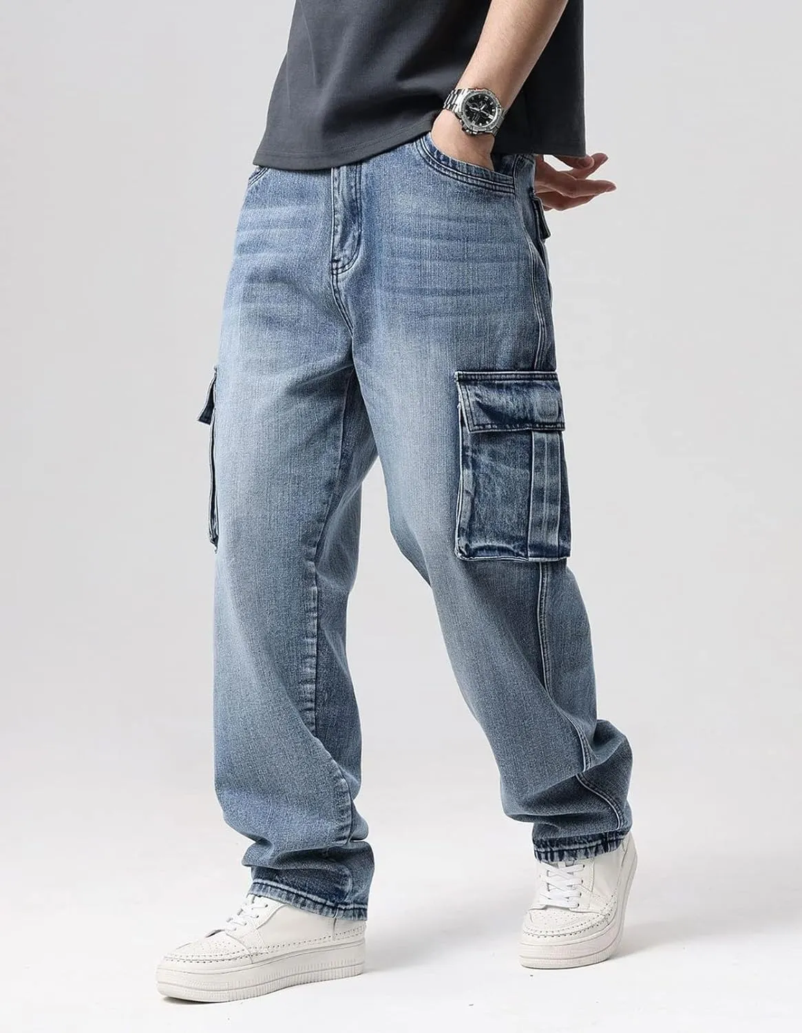 Men`s Loose Fit Motorcycle Multi-Pockets Workwear Denim Cargo Jeans Plus Size