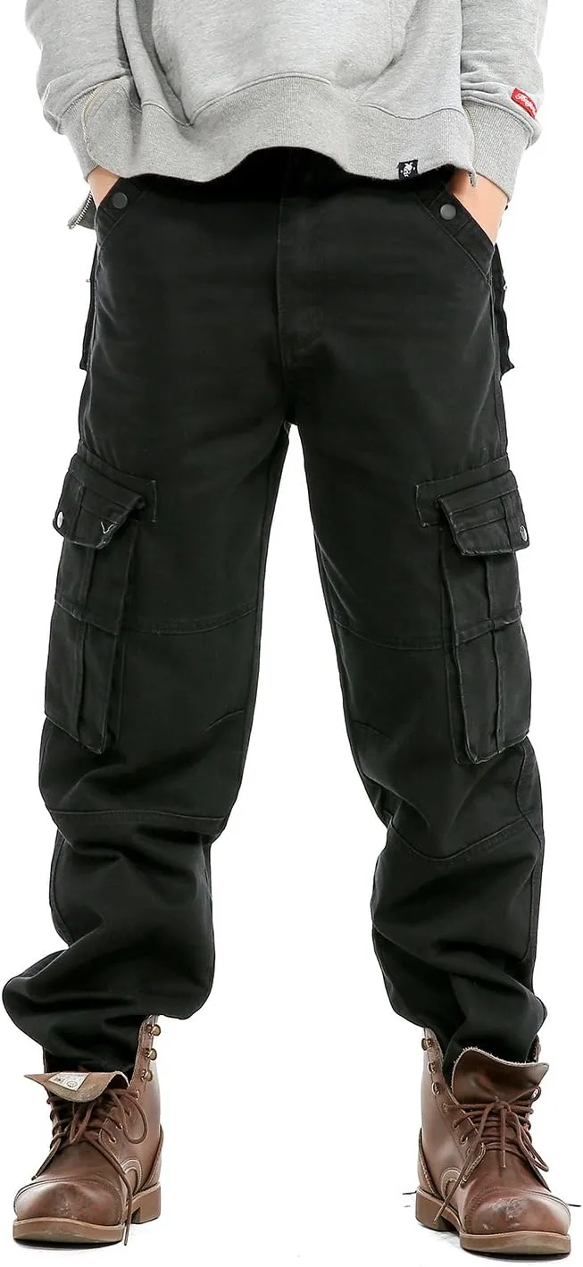Men`s Loose Fit Motorcycle Multi-Pockets Workwear Denim Cargo Jeans Plus Size