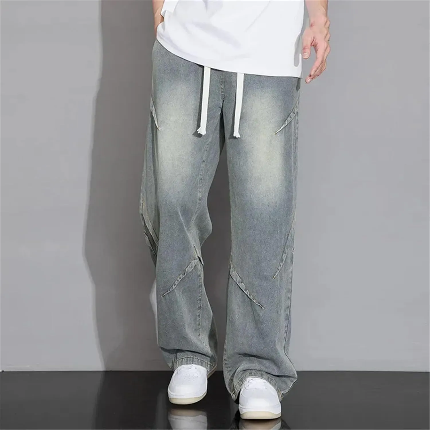 Men's Loose Wide Leg Jeans Straight Baggy Hip Hop Skateboard Denim Pants with Pockets