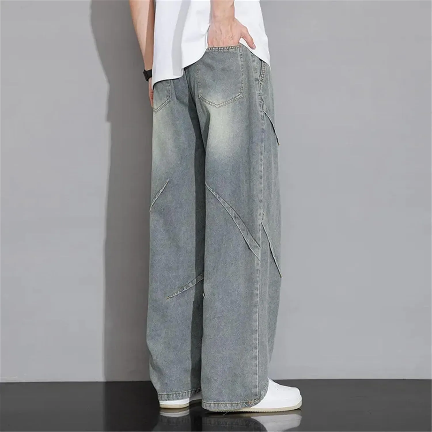 Men's Loose Wide Leg Jeans Straight Baggy Hip Hop Skateboard Denim Pants with Pockets
