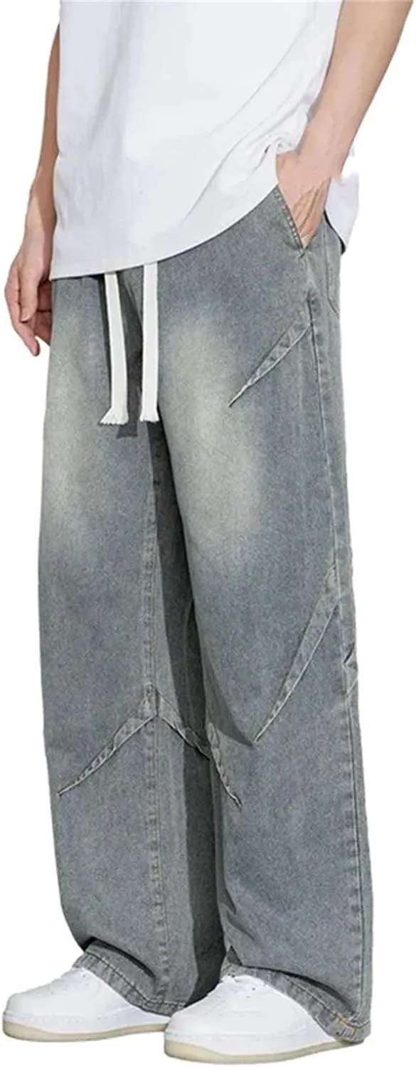 Men's Loose Wide Leg Jeans Straight Baggy Hip Hop Skateboard Denim Pants with Pockets