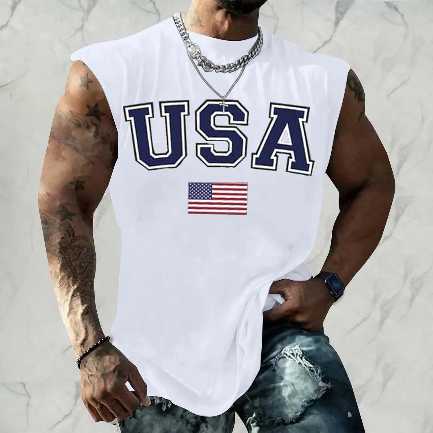 Men's Muscle Tank Tops Independence Day USA Patriotic 4th of July Muscle T-Shirts Lightweight Loose Sleeveless Shirts