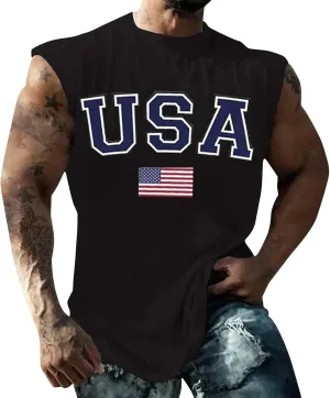 Men's Muscle Tank Tops Independence Day USA Patriotic 4th of July Muscle T-Shirts Lightweight Loose Sleeveless Shirts