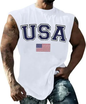 Men's Muscle Tank Tops Independence Day USA Patriotic 4th of July Muscle T-Shirts Lightweight Loose Sleeveless Shirts
