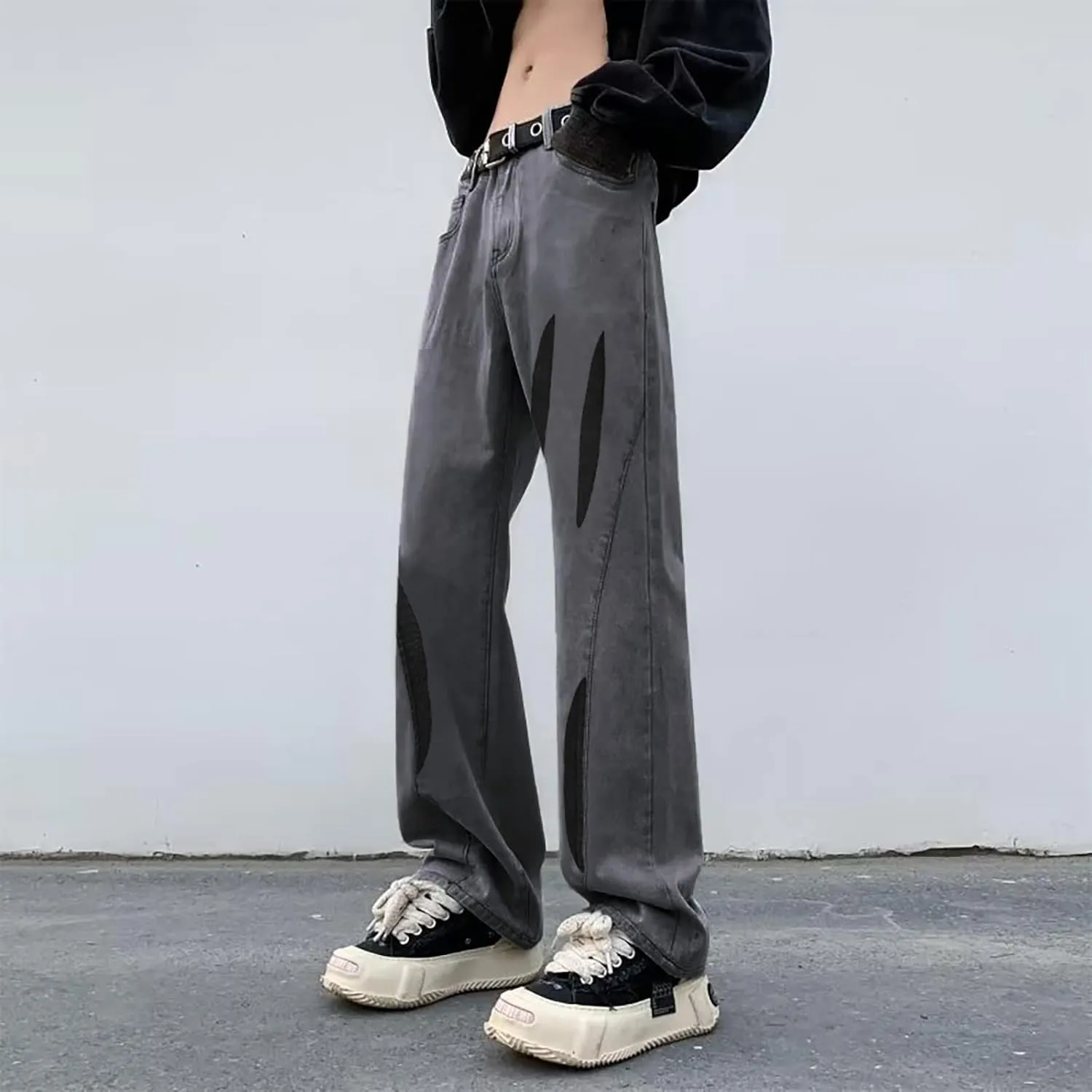 Men's Regular Fit Straight Hole Buckle Zipper Middle Waist Denim Long Pants Trousers Pants Wide Leg Trousers Pants