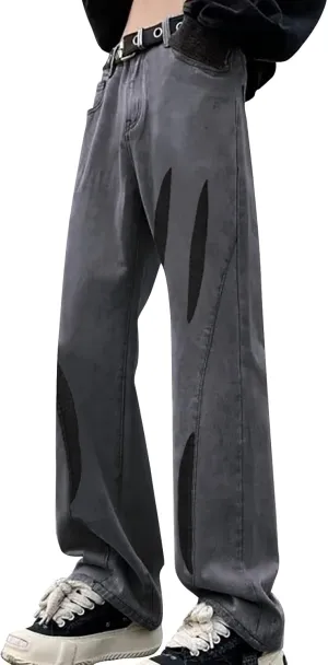 Men's Regular Fit Straight Hole Buckle Zipper Middle Waist Denim Long Pants Trousers Pants Wide Leg Trousers Pants