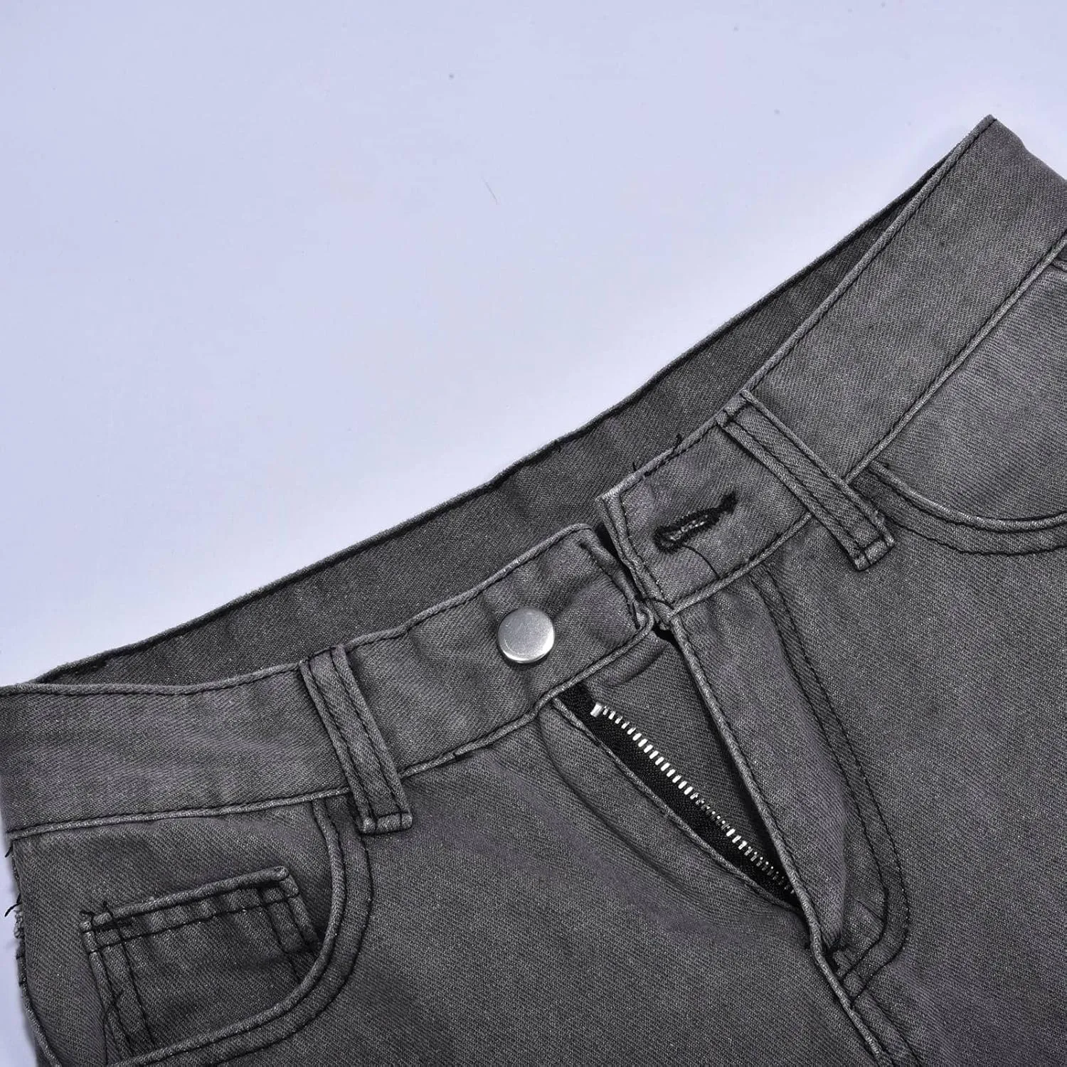 Men's Regular Fit Straight Hole Buckle Zipper Middle Waist Denim Long Pants Trousers Pants Wide Leg Trousers Pants