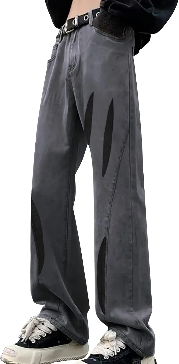 Men's Regular Fit Straight Hole Buckle Zipper Middle Waist Denim Long Pants Trousers Pants Wide Leg Trousers Pants