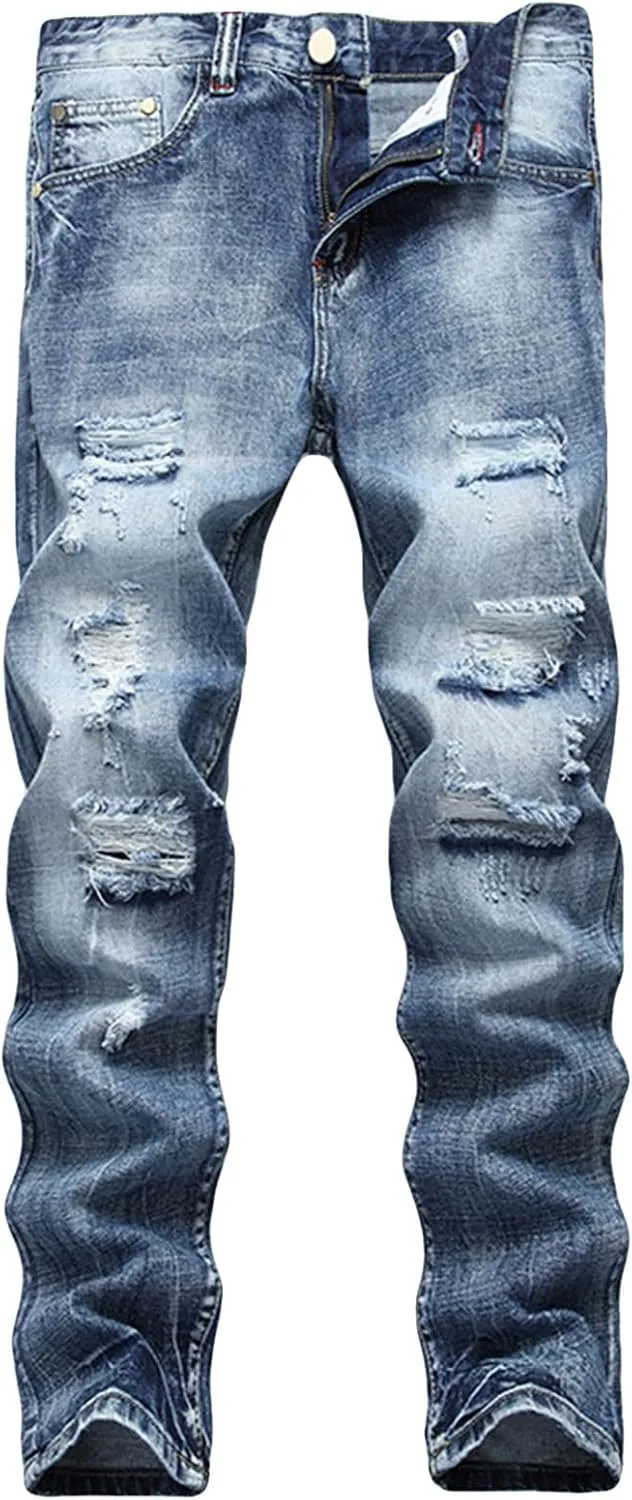 Men's Ripped Washed Slim Fit Jeans Straight Leg Hip Hop Denim Pants Vintage Distressed Skinny Jean Trousers