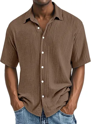 Men's Short Sleeve Casual Shirts Textured Button Down Blouse Cotton Lightweight Loose Summer Top