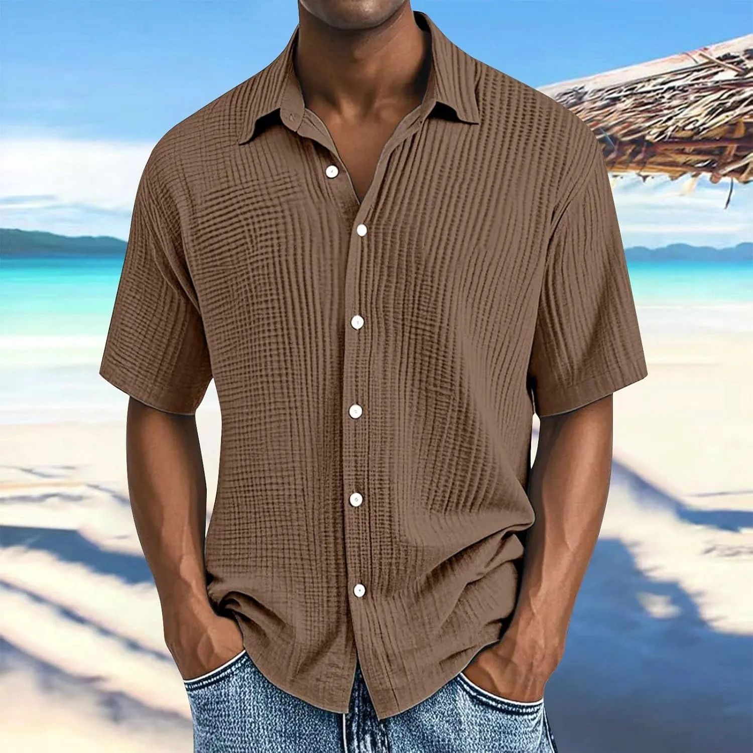 Men's Short Sleeve Casual Shirts Textured Button Down Blouse Cotton Lightweight Loose Summer Top