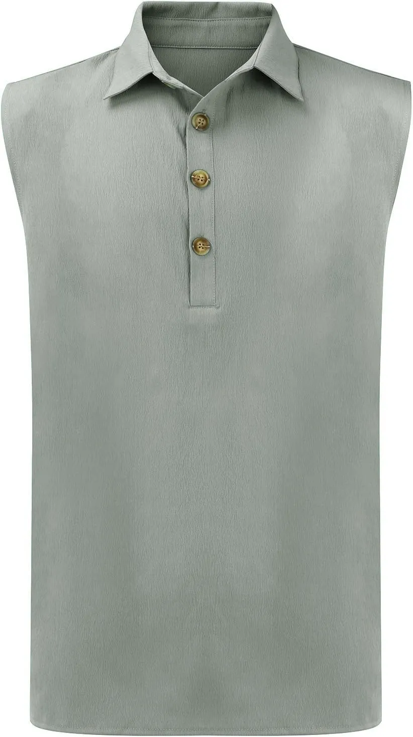 Men's Sleeveless Beach Shirts Trendy Casual Regular Fit Solid Tank Tops Summer Cotton Linen Button Down Vest T-Shirts