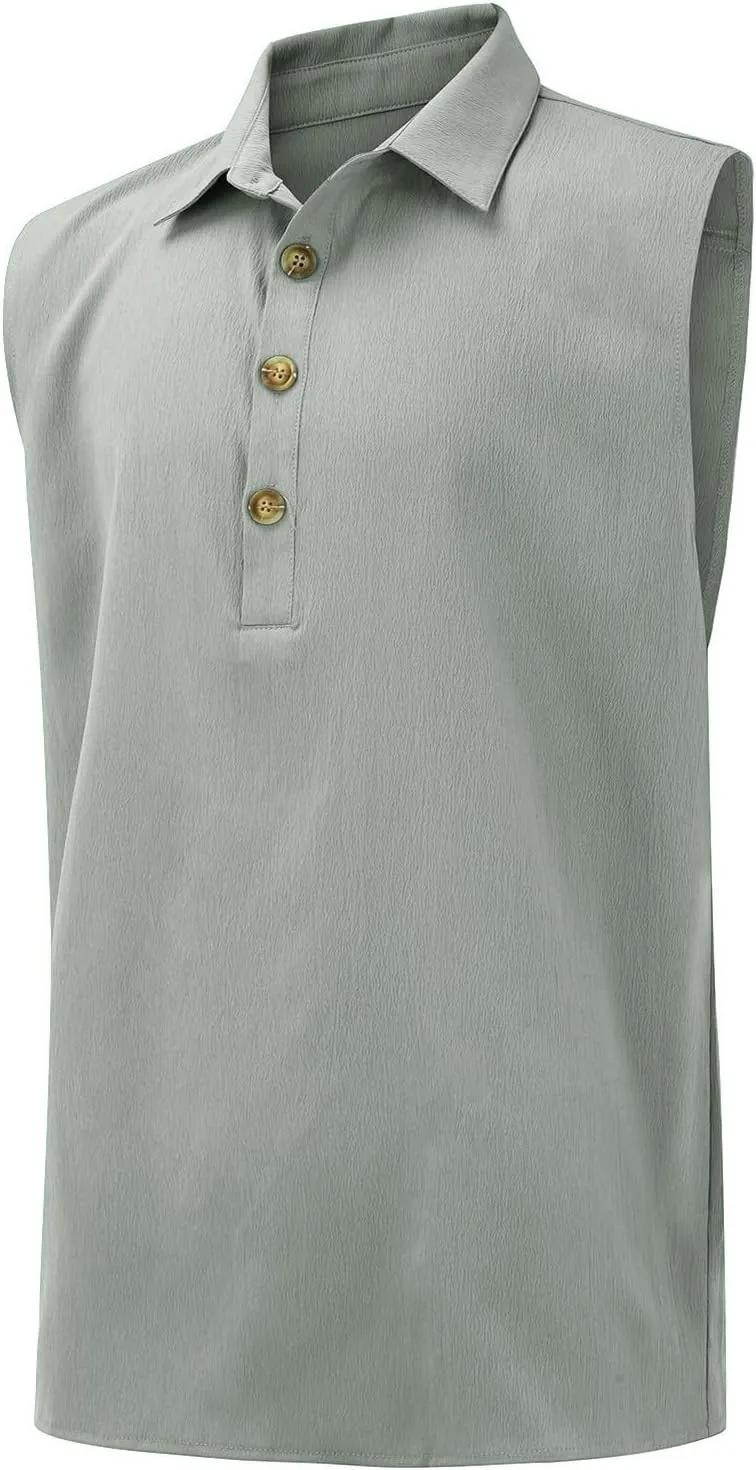 Men's Sleeveless Beach Shirts Trendy Casual Regular Fit Solid Tank Tops Summer Cotton Linen Button Down Vest T-Shirts