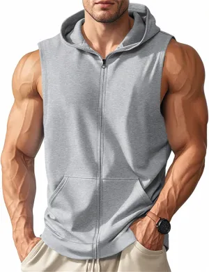 Men's Sleeveless Hooded Tank Tops Athletic Gym Workout Full Zip Vest Shirts Lightweight Dry fit Muscle Cut Off T-Shirt