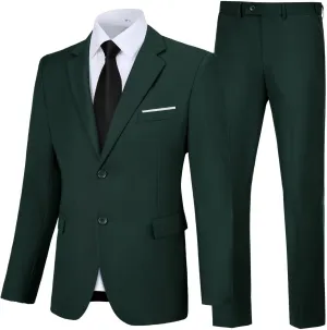 Men's Slim Fit 2 Piece Suit, Two Button Solid Suit Jacket Pants Set, Wedding Prom Suit