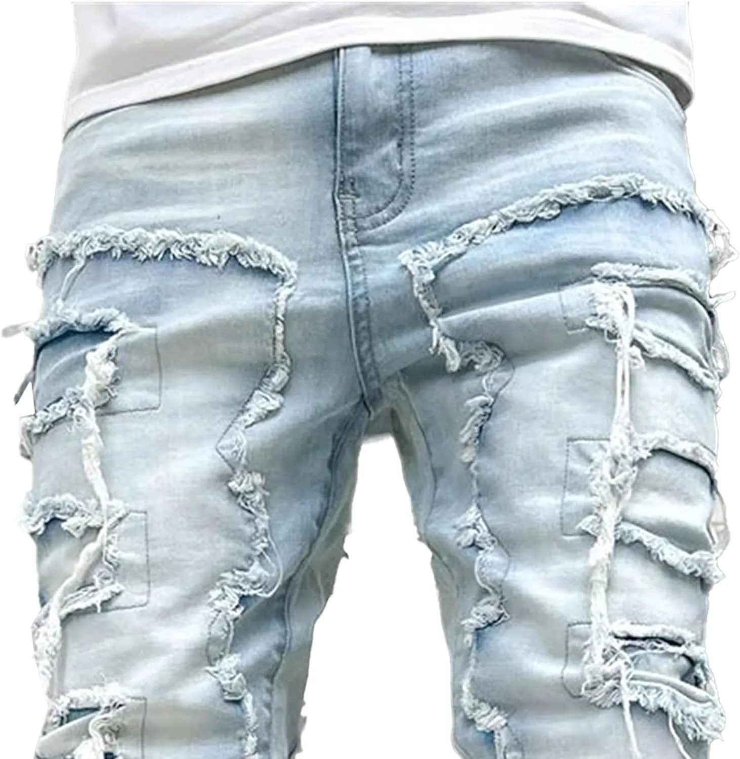 Men's Slim Fit Stacked Stretch Jeans Distressed Patchwork Frayed Straight Leg Skinny Denim Pants
