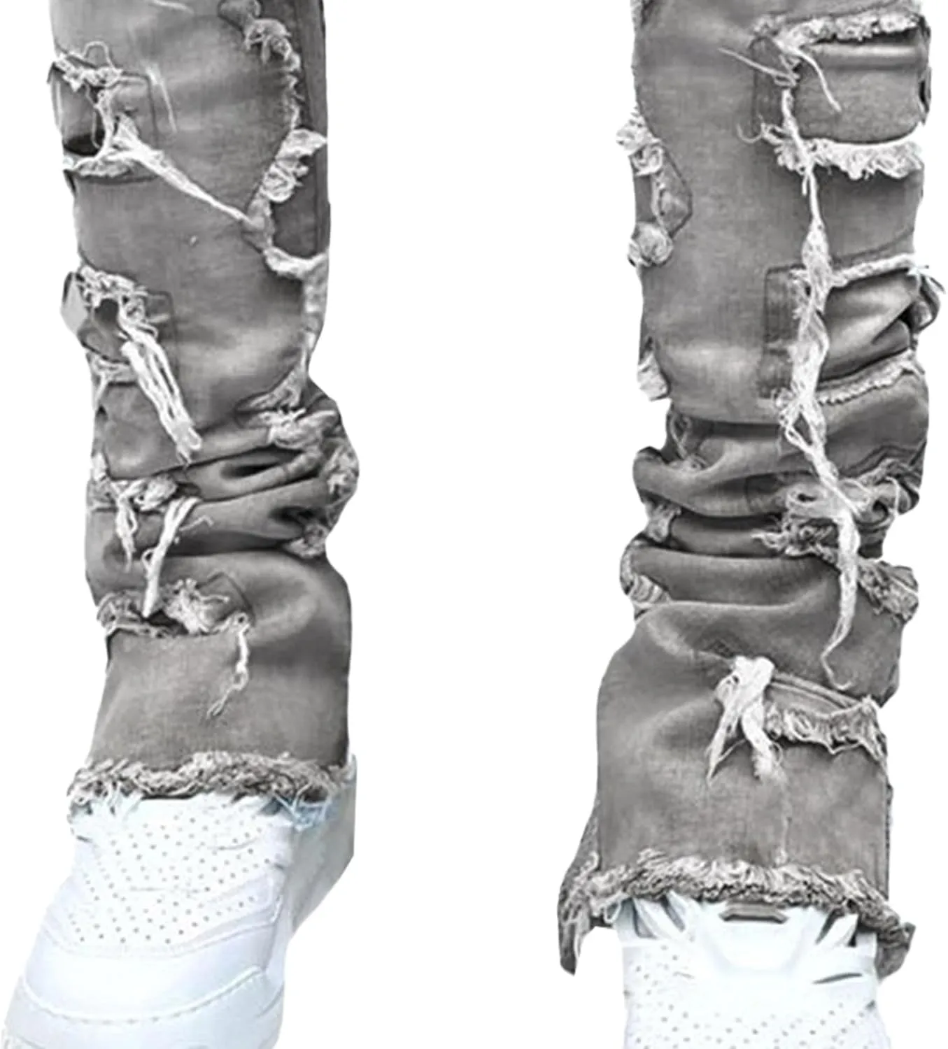 Men's Slim Fit Stacked Stretch Jeans Distressed Patchwork Frayed Straight Leg Skinny Denim Pants