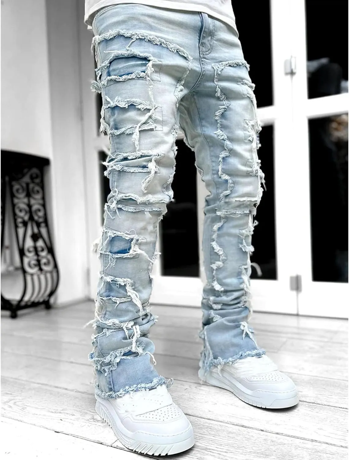 Men's Slim Fit Stacked Stretch Jeans Distressed Patchwork Frayed Straight Leg Skinny Denim Pants