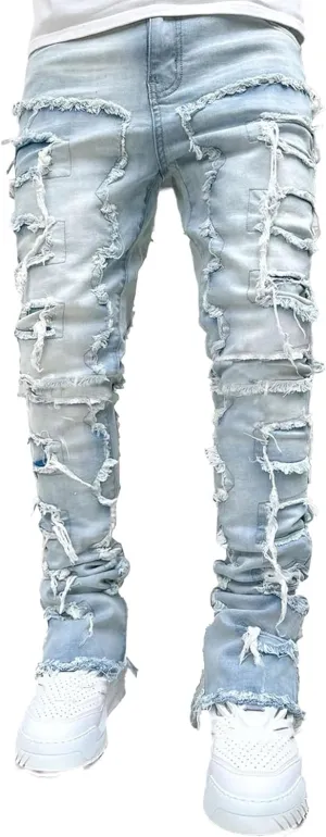 Men's Slim Fit Stacked Stretch Jeans Distressed Patchwork Frayed Straight Leg Skinny Denim Pants