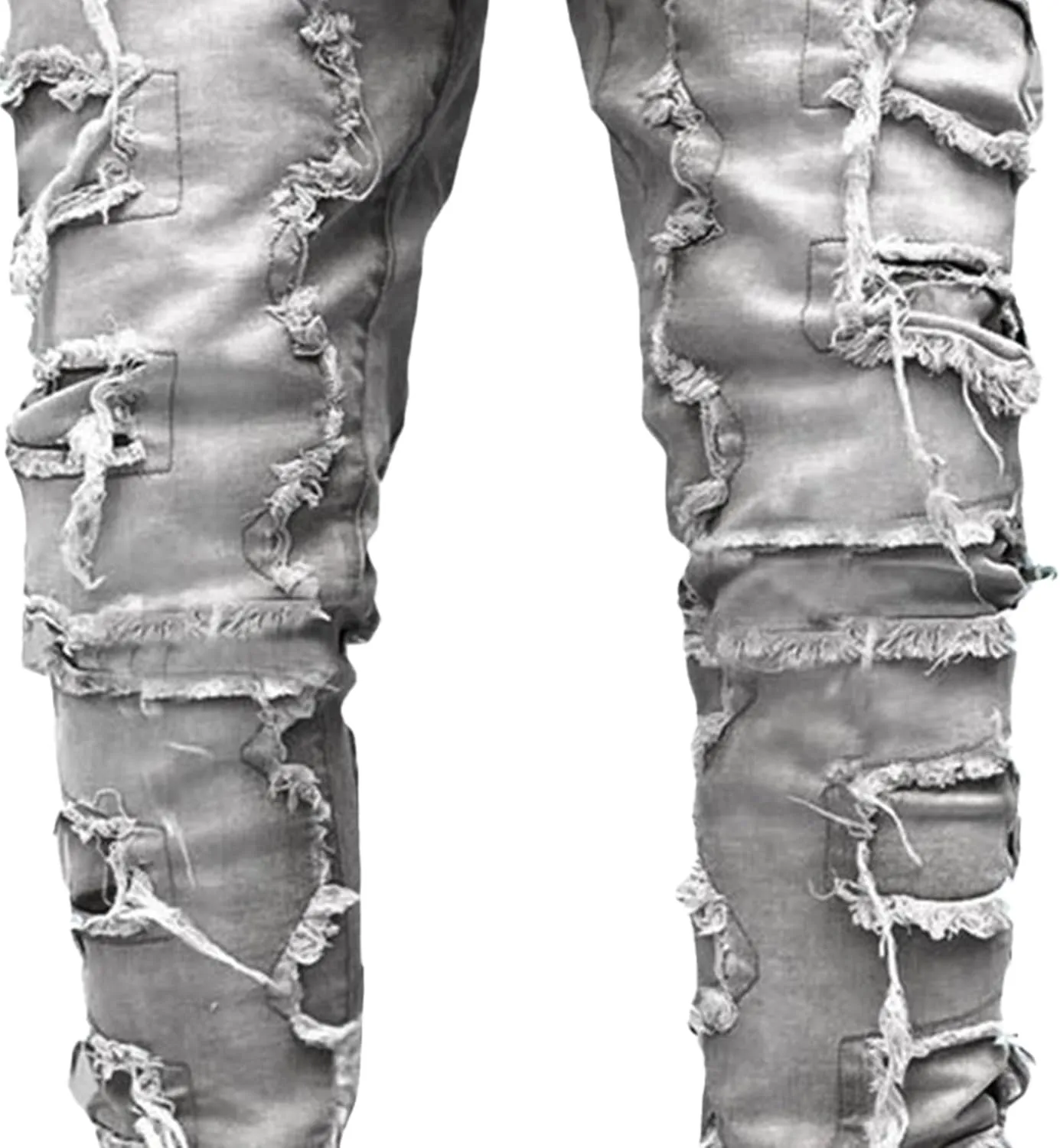 Men's Slim Fit Stacked Stretch Jeans Distressed Patchwork Frayed Straight Leg Skinny Denim Pants