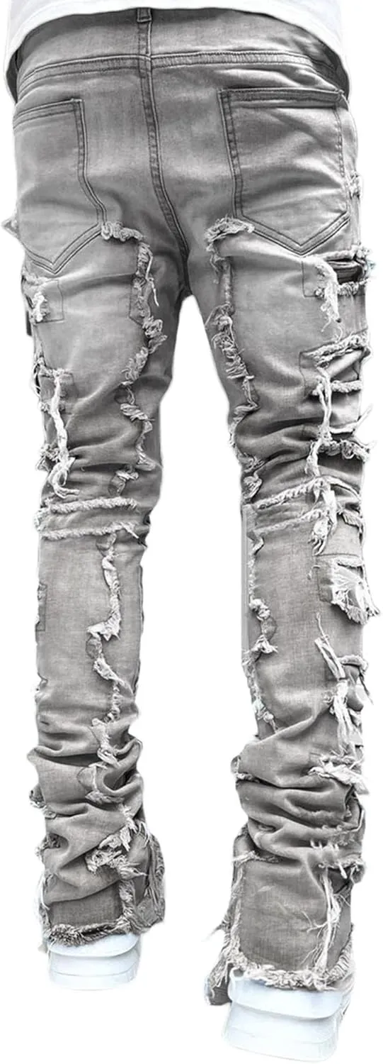 Men's Slim Fit Stacked Stretch Jeans Distressed Patchwork Frayed Straight Leg Skinny Denim Pants