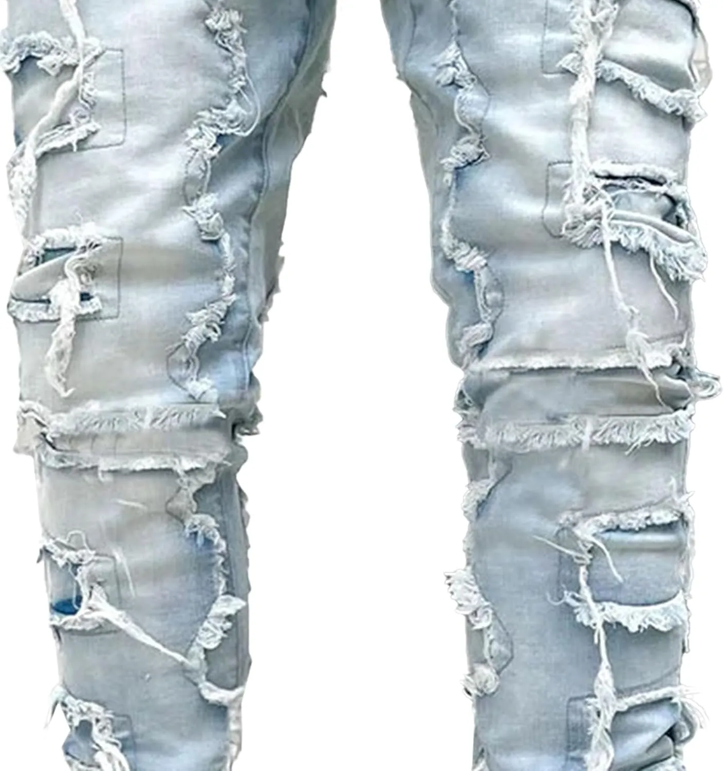 Men's Slim Fit Stacked Stretch Jeans Distressed Patchwork Frayed Straight Leg Skinny Denim Pants