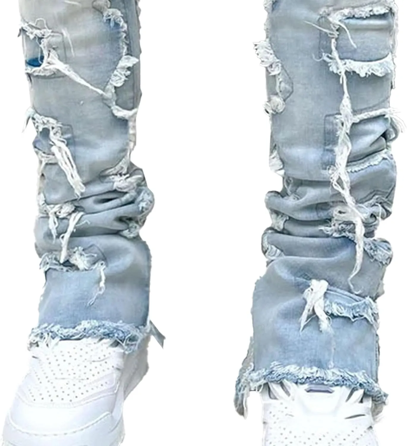 Men's Slim Fit Stacked Stretch Jeans Distressed Patchwork Frayed Straight Leg Skinny Denim Pants