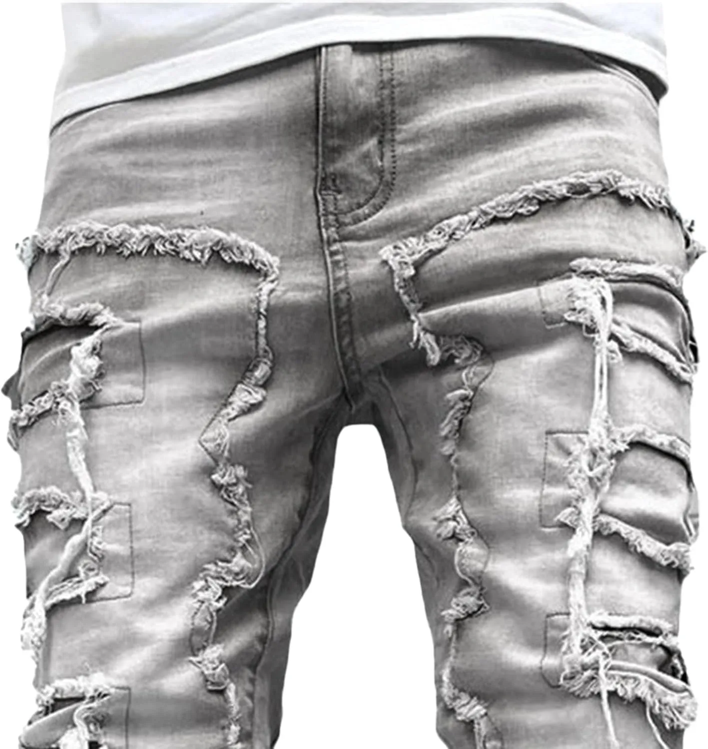 Men's Slim Fit Stacked Stretch Jeans Distressed Patchwork Frayed Straight Leg Skinny Denim Pants