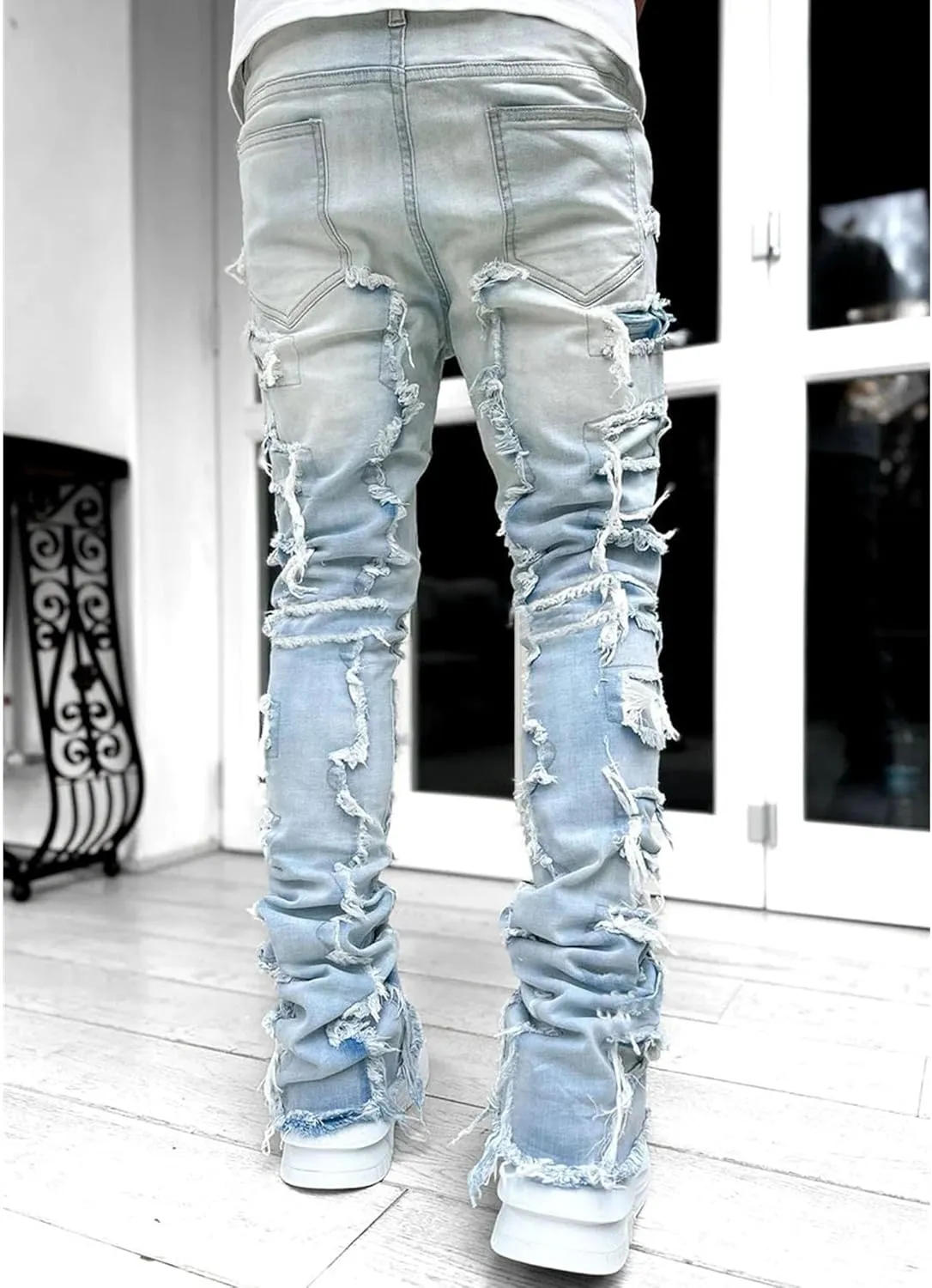Men's Slim Fit Stacked Stretch Jeans Distressed Patchwork Frayed Straight Leg Skinny Denim Pants