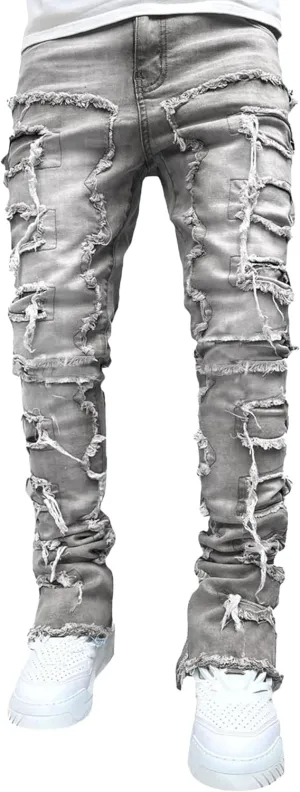 Men's Slim Fit Stacked Stretch Jeans Distressed Patchwork Frayed Straight Leg Skinny Denim Pants