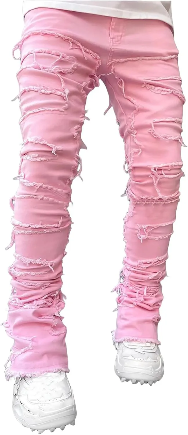 Men's Slim Fit Stretch Jeans Straight Leg Denim Pants Distressed Patchwork Stacked Frayed Fashion Stretch Trouser