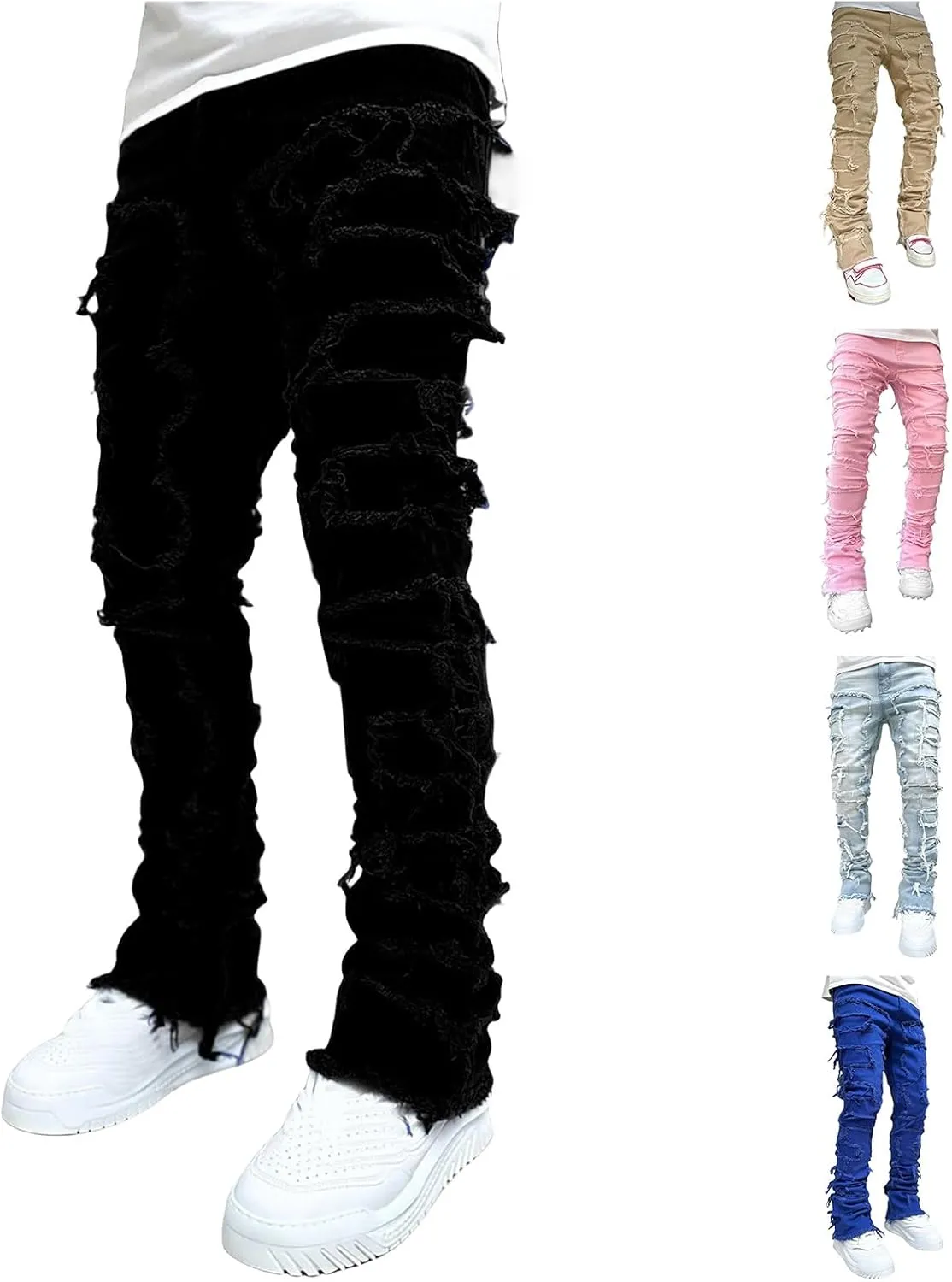Men's Slim Fit Stretch Jeans Straight Leg Denim Pants Distressed Patchwork Stacked Frayed Fashion Stretch Trouser