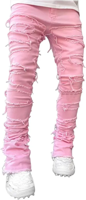 Men's Slim Fit Stretch Jeans Straight Leg Denim Pants Distressed Patchwork Stacked Frayed Fashion Stretch Trouser